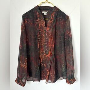 Coldwater Creek Brown Fall Color Paisley Semi Sheer Pleated Long Sleeve Blouse M